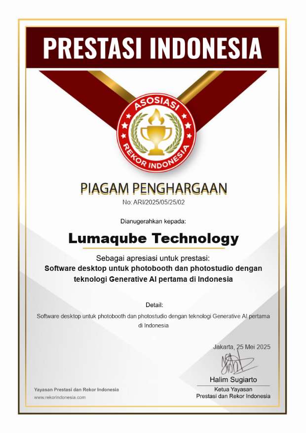 Pratinjau sertifikat Software desktop untuk photobooth dan photostudio dengan teknologi Generative AI pertama di Indonesia